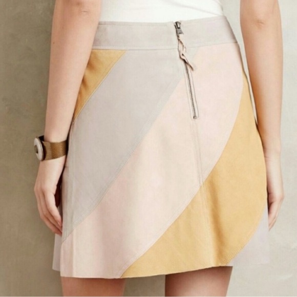 Anthropologie HD in Paris Patchwork Suede Leather Mini Skirt Taupe Pink Size 16 - Picture 3 of 10